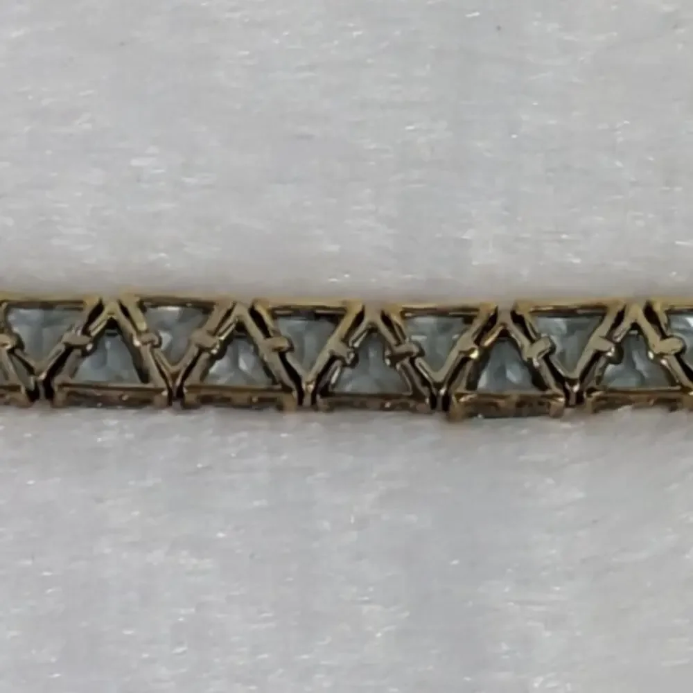 Lab Blue Topaz Trillion Cut Tennis Bracelet 7" S925 10K Gold Vermeil RF Signed - Picture 4 of 7